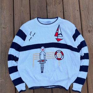 Vintage 80s Alfred Dunner White and Navy Nautical Sweater